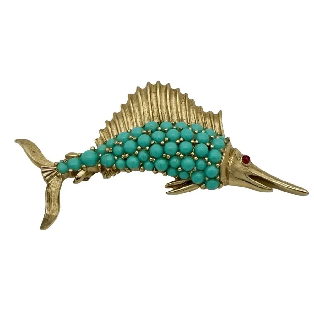 VTG Crown Trifari 1950s Turquoise Gold Tone Swordfish Marlin Brooch Pin Signed